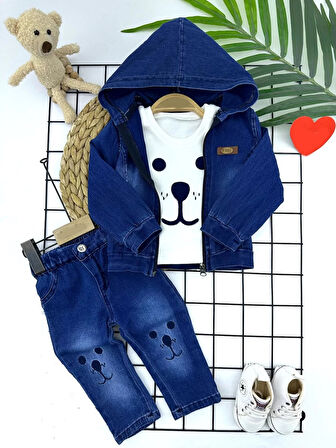 9-12-18-24 Ay Kot Kumaş Kapşonlu Uzun Kol Sweatli Kot Kumaş 3lü Erkek Bebek Takımı Mavi