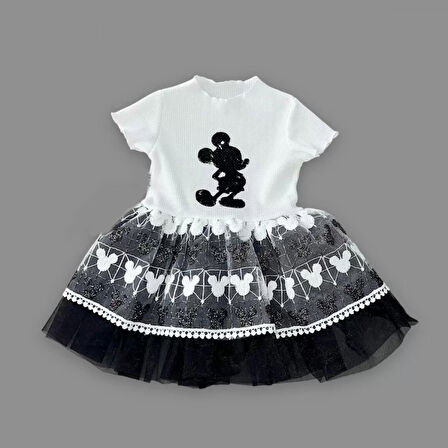 1-2-3 Yaş Payetli Mickey Baskılı Brode Etekli Kız Bebek Elbisesi Siyah