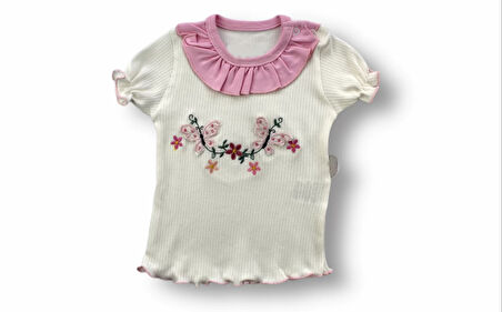 6-9 9-12 12-18 Ay Çiçek Nakışlı Roman Şalvar Bandanalı Kısa Kollu Sweat 3lü Kız Bebek Takımı Pembe