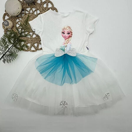 5-6-7 Yaş Elsa Desenli Fiyonklu Tül Etekli Astarlı Kısa Kollu Kız Çocuk Tütü Elbise Beyaz