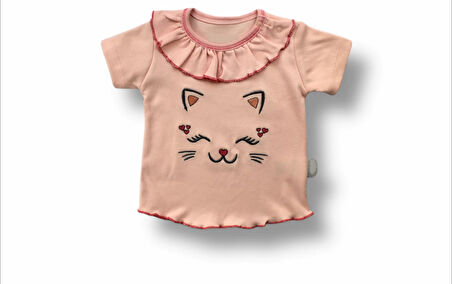 6-9 9-12 12-18 Ay Vip Kedi Baskılı Bandanalı Kısa Kollu Sweat 3lü Kız Bebek Takımı Pudra