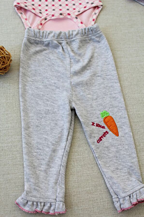 3-6 9-12 12-18 Ay Havuç Tavşan Nakışlı Bandanalı Uzun Kollu Zıbınlı 3lü Kız Bebek Tak Pembe