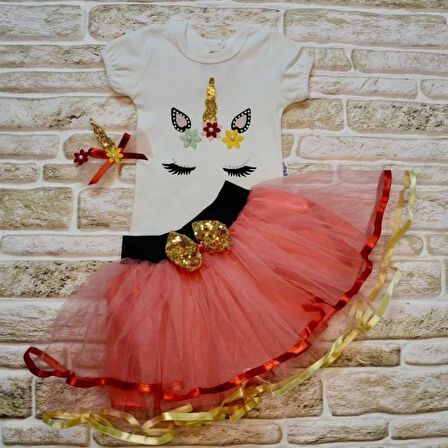 9-12-18 Ay Payetli Pony Nakışlı Tokalı Kısa Kollu Tütü Etek 3lü Kız Bebek Takımı Nar Çiçeği