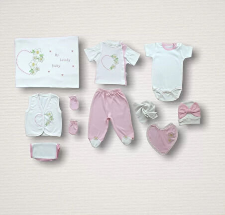 Baharın Çiçekli Kalbi Nakışlı  10lu Zıbın Takımı Hastane Çıkışı Pembe