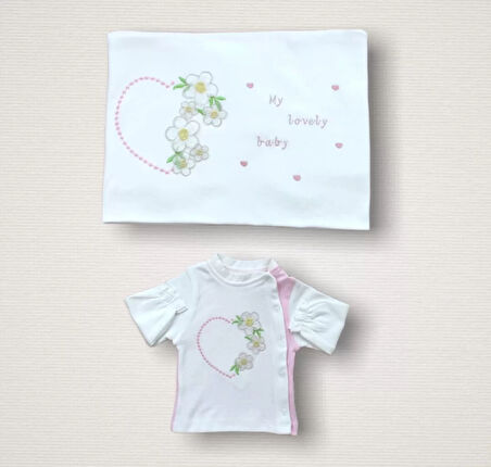 Baharın Çiçekli Kalbi Nakışlı  10lu Zıbın Takımı Hastane Çıkışı Pembe