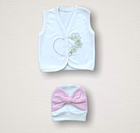 Baharın Çiçekli Kalbi Nakışlı  10lu Zıbın Takımı Hastane Çıkışı Pembe