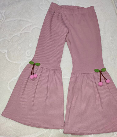 1-2-3-4 Yaş Kiraz Baskılı Tişört İspanyol Paçalı Likralı 2li Kız Çocuk Takımı Gül Kurusu