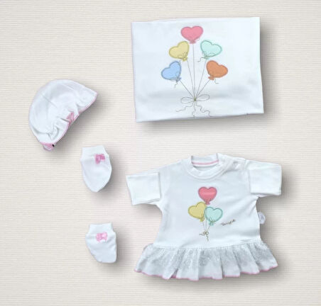 Kalpli Uçan Balon Nakışlı  10lu Zıbın Takımı Hastane Çıkışı Ekru