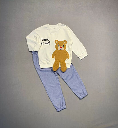 2-3-4 Yaş Ayıcık Sallanan Ayak Desenli Likra Penye Kumaş Sweat Pantolonlu Kız Erkek 2li Çocuk Takımı Ekru