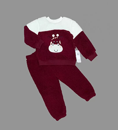 1-2-3 Yaş Ponponlu Zürafa Desenli Kuzu Kumaş Uzun Kollu 2li Kız Erkek Çocuk Takımı Bordo