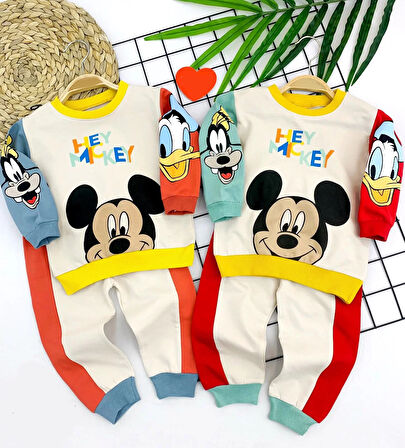 9-12-18-24 Ay Mickey Ve Arkadaşları Desenli Uzun Kollu Sweat 2li Kız Erkek Bebek Takımı Yeşil