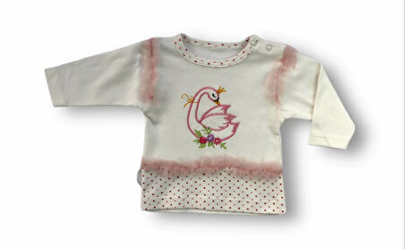 3-6 6-9 9-12 Ay Kraliçe Kuğu Nakışlı Bandajlı Uzun Kollu Sweatli 3lü Kız Bebek Takımı Ekru