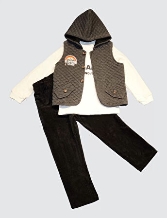 3-4-5 Yaş Fitilli Kadife Pantolon Kapitone Kapşonlu Yelek Uzun Kollu Sweat 3lü Erkek Çocuk Takımı Füme
