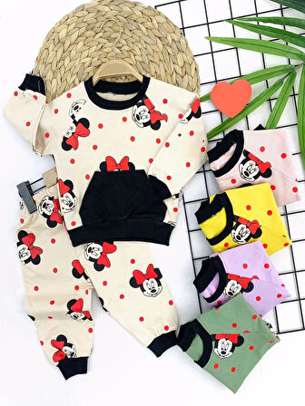9-12-18-24 Ay Kadın Mickey Baskılı Cepli 2li Kız Bebek Takımı Lila