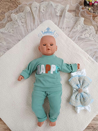 Yenidoğan Kuzulu Taç Nakış Güpürlü Fiyonklu Duvaklı Prizma Taş Unisex Kundak Bebek Battaniyesi Mavi