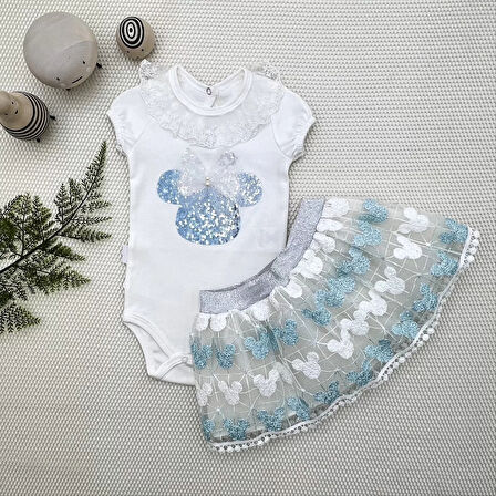 1-2-3 Yaş Payetli Mickey Nakışlı Kısa Kollu Brode Etekli 2li Kız Bebek Takımı Turkuaz