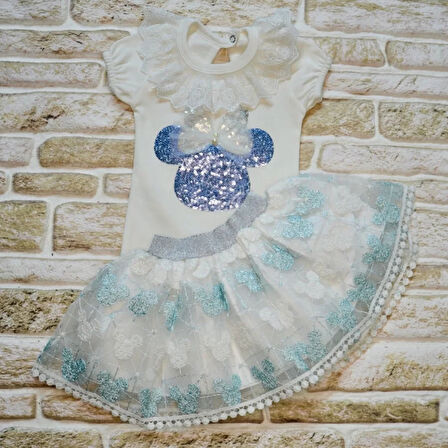 1-2-3 Yaş Payetli Mickey Nakışlı Kısa Kollu Brode Etekli 2li Kız Bebek Takımı Turkuaz