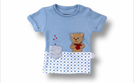 3-6 6-9 9-12 12-18 Ay Romantik Ayıcık Nakışlı Bandajlı Kısa Kollu Sweatli 3lü Kız-erkek Bebek Takımı Mavi