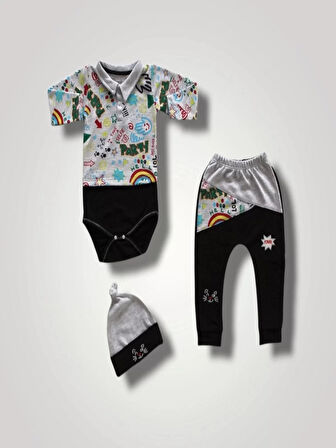 6-9 12-18 18-24 Ay Power Kedi Nakışlı Uzun Kollu Zıbınlı Şapkalı 3lü Kız Erkek Bebek Takımı Siyah