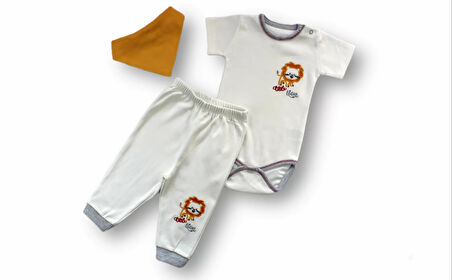 3-6 6-9 9-12 Ay Yavru Aslan Nakışlı Bandajlı Kısa Kollu Zıbınlı 3lü Erkek Bebek Takımı Ekru