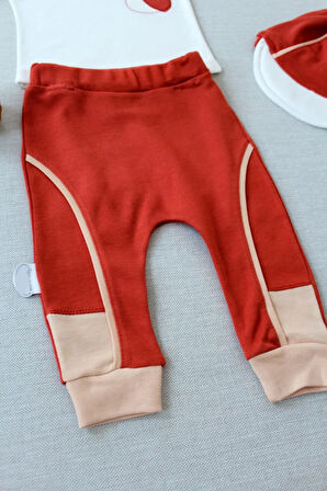 3-6 6-9 9-12 Ay Efendi Nakışlı Cep Şapkalı Uzun Kollu Sweat 3lü Erkek Bebek Takımı Kiremit