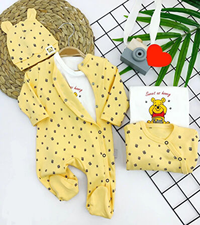 3-6-9-12 Ay Pooh Desenli Şapkalı Sweatli 3lü Kız Erkek Bebek Tulum Sarı