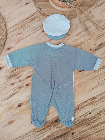 0-3 3-6 Ay Papyonlu Çizgi Desen Çıtçıt Kapama Kasketli Erkek Bebek Tulumu Lacivert