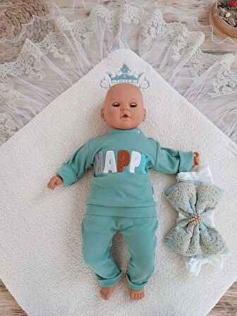 Yenidoğan Kuzulu Taç Nakış Güpürlü Fiyonklu Duvaklı Prizma Taş Unisex Kundak Bebek Battaniyesi Su Yeşili