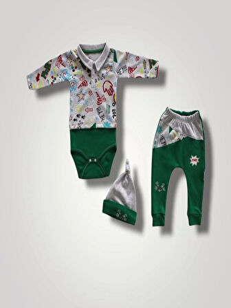 6-9 12-18 18-24 Ay Power Kedi Nakışlı Uzun Kollu Zıbınlı Şapkalı 3lü Kız Erkek Bebek Takımı Yeşil