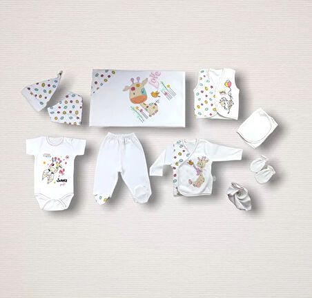 Love Zürafa Nakışlı  10lu Zıbın Takımı Hastane Çıkışı Ekru