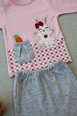 3-6 9-12 12-18 Ay Havuç Tavşan Nakışlı Bandanalı Cepli Uzun Kollu Sweatli 3lü Kız Bebek Tak Pembe