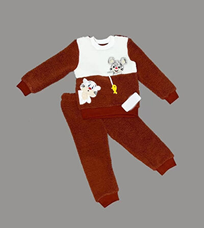 1-2-3 Yaş Sallanan Balık Nakışlı Kuzu Kumaş Sweat Pantolon Uzun Kollu Kız Erkek Çocuk  2 Li Takımı Kahverengi