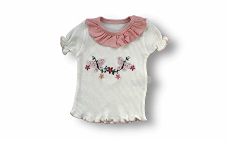 6-9 9-12 12-18 Ay Çiçek Nakışlı Roman Şalvar Bandanalı Kısa Kollu Sweat 3lü Kız Bebek Takımı Pudra