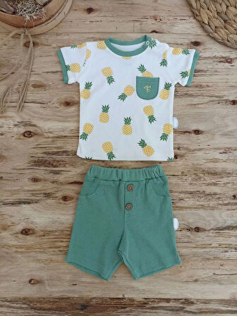 3-6 6-9 9-12 Ay Ananas Baskılı Şort Tişört 2 Li Kız Erkek Bebek Takımı Yeşil