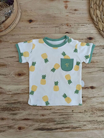3-6 6-9 9-12 Ay Ananas Baskılı Şort Tişört 2 Li Kız Erkek Bebek Takımı Yeşil