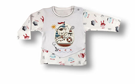 3-6 6-9 9-12 Ay Minik Korsan Nakışlı Şapkalı Uzun Kollu Sweatli 3lü Kız-erkek Bebek Takımı Ekru