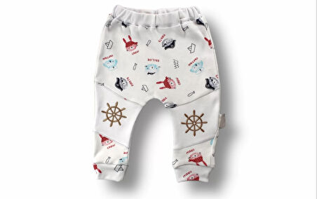 3-6 6-9 9-12 Ay Minik Korsan Nakışlı Şapkalı Uzun Kollu Sweatli 3lü Kız-erkek Bebek Takımı Ekru