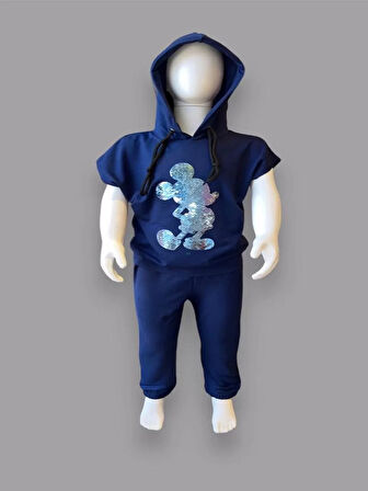 3-4-5 Yaş Kapşonlu Payetli Mickey Desenli Kısa Kol 2li Kız Erkek Çocuk Takımı Lacivert