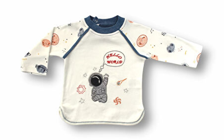 3-6 6-9 9-12 Ay Şirin Kozmonot Nakışlı Şapkalı Uzun Kollu Sweatli 3lü Kız-erkek Bebek Takımı Ekru