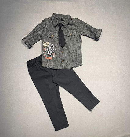 3-4-5 Yaş Kravatlı Keten Gömlek Gabardin Pantolon Uzun Kollu 3lü Erkek Çocuk Takımı Siyah