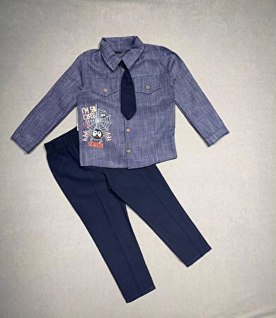 3-4-5 Yaş Kravatlı Keten Gömlek Gabardin Pantolon Uzun Kollu 3lü Erkek Çocuk Takımı Lacivert
