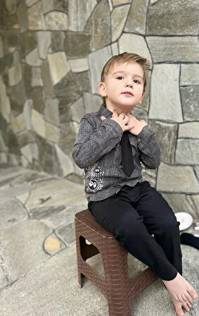 3-4-5 Yaş Kravatlı Keten Gömlek Gabardin Pantolon Uzun Kollu 3lü Erkek Çocuk Takımı Lacivert