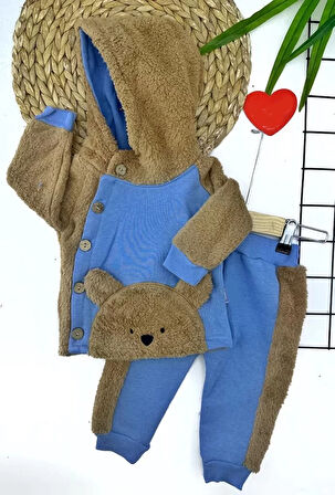 6-12-18-24 Ay Düğme Kapamalı Kapşonlu Ceket Welsoft Detaylı 2li Erkek Bebek Takımı Mavi