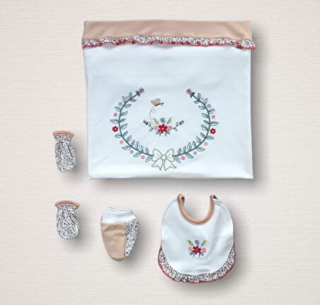 Erguvan Taç Nakışlı  Kız Bebek 10lu Zıbın Takımı Hastane Çıkışı Nar Çiçeği