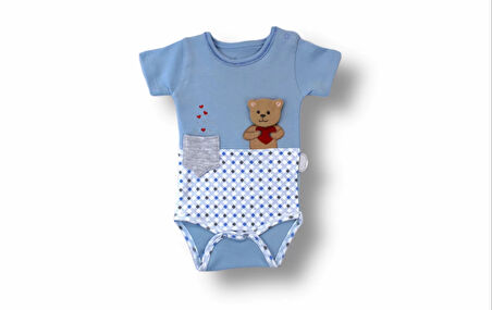 3-6 6-9 9-12 12-18 Ay Romantik Ayıcık Nakışlı Bandajlı Kısa Kollu Zıbınlı 3lü Kız-erkek Bebek Takımı Mavi