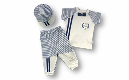 3-6 6-9 9-12 Ay My Prince Nakışlı Şapkalı Kısa Kollu Sweatli 3lü Erkek Bebek Takımı Ekru