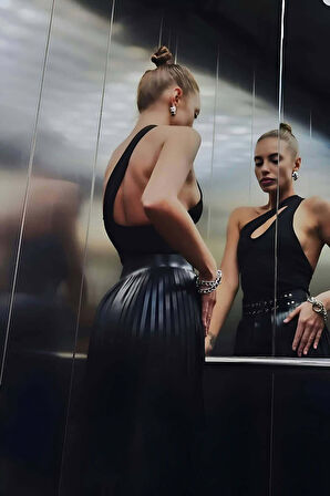 Püsküllü Deri Etek, Şık Deri Etek, Uzun Deri Etek, Siyah Deri Etek - Brf637