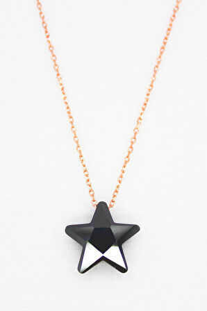 925 Ayar Siyah Kristal Yıldız Rose Gümüş Kolye (TGK0045)