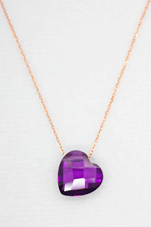 925 Ayar Mor Kristal Kalp Rose Gümüş Kolye (TGK0064)