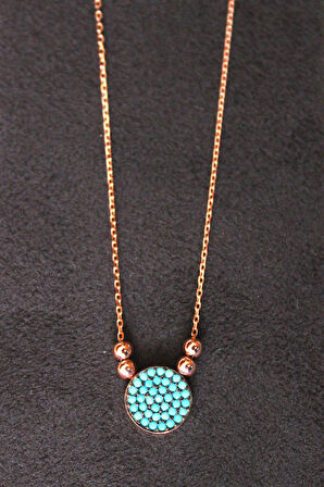 925 Ayar Turkuaz Yuvarlak Rose Gümüş Kolye (TGK0130)